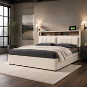 Letto imbottito beige 140 x 200 cm con 4 cassetti, prese USB e Tipo-C