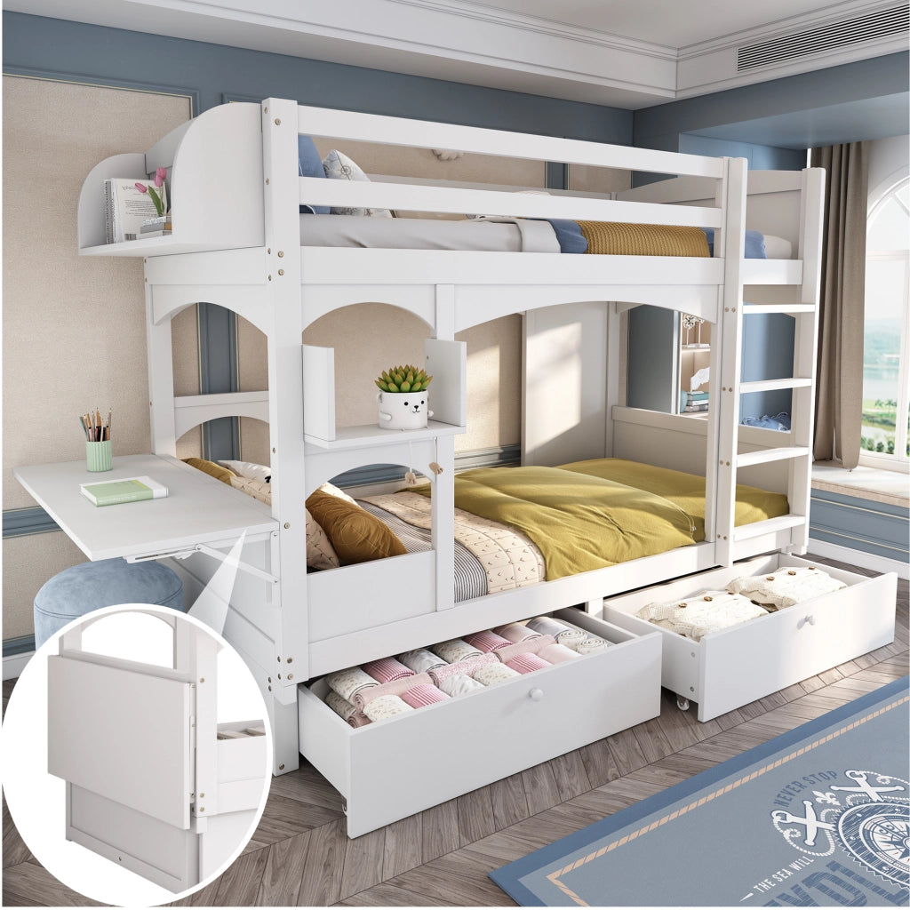 Letto a castello due posti letto 90 × 200 cm con scrivania pieghevole; ripiani; 2 cassetti e scala in legno bianco