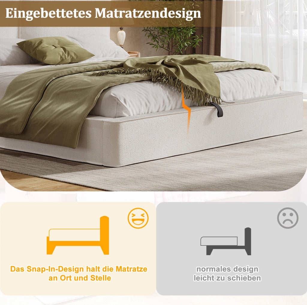 Letto matrimoniale imbottito YEAVIO 180x200 cm con contenitore idraulico e rete a doghe, beige bouclé
