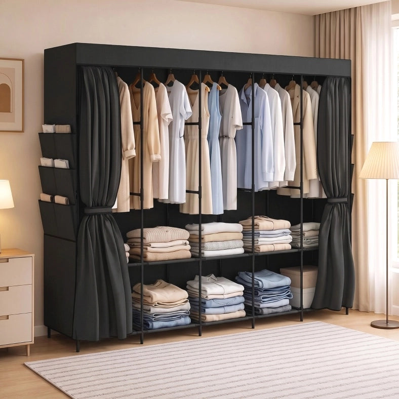 Armadio in tessuto nero con 5 bastoni appendiabiti e 5 ripiani, 212 x 45 x 167 cm, salvaspazio e portatile