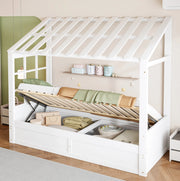 Letto a forma di casa ULEVR 90x200 cm con contenitore idraulico e vani laterali, bianco