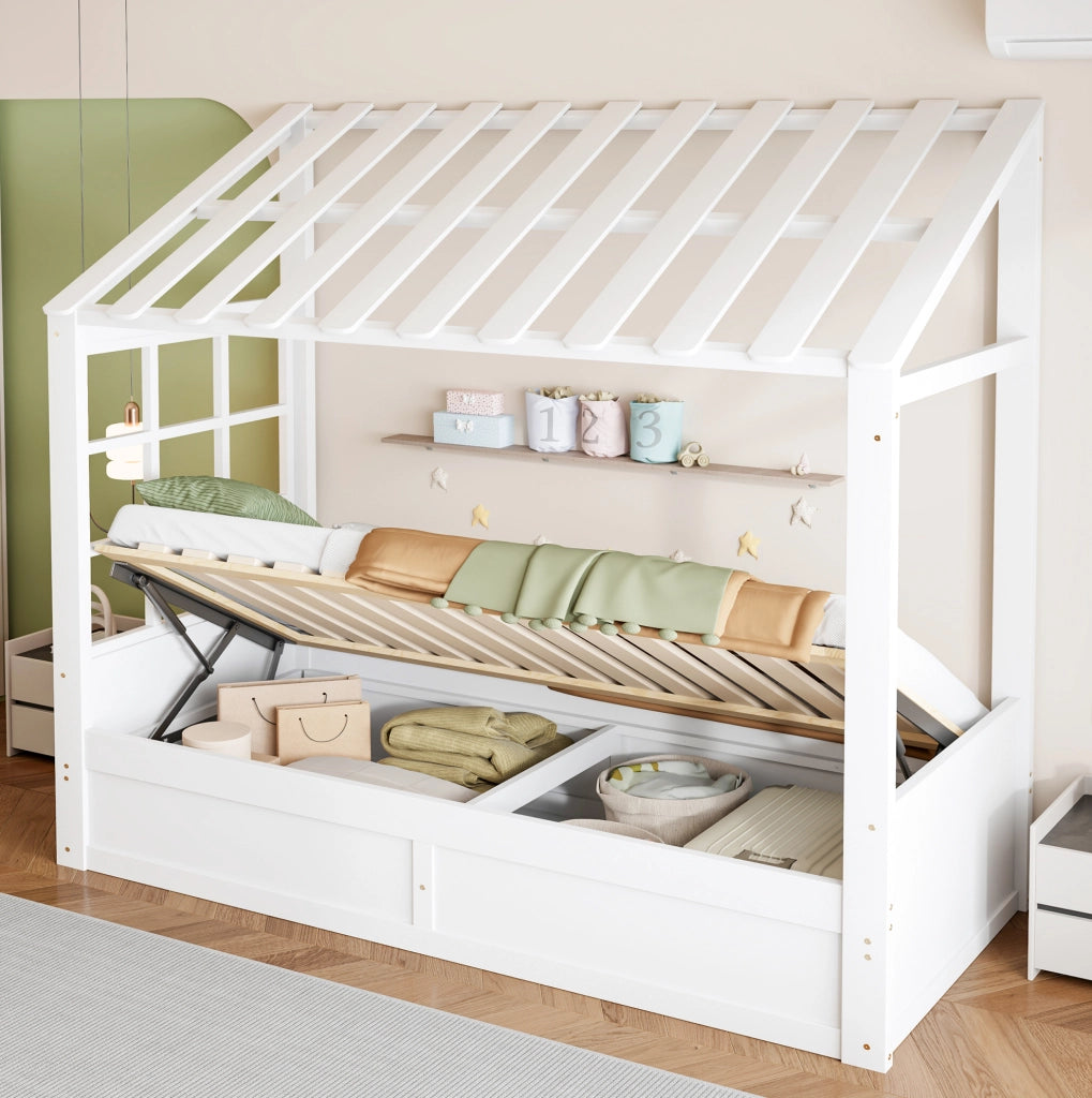 Letto a forma di casa ULEVR 90x200 cm con contenitore idraulico e vani laterali, bianco