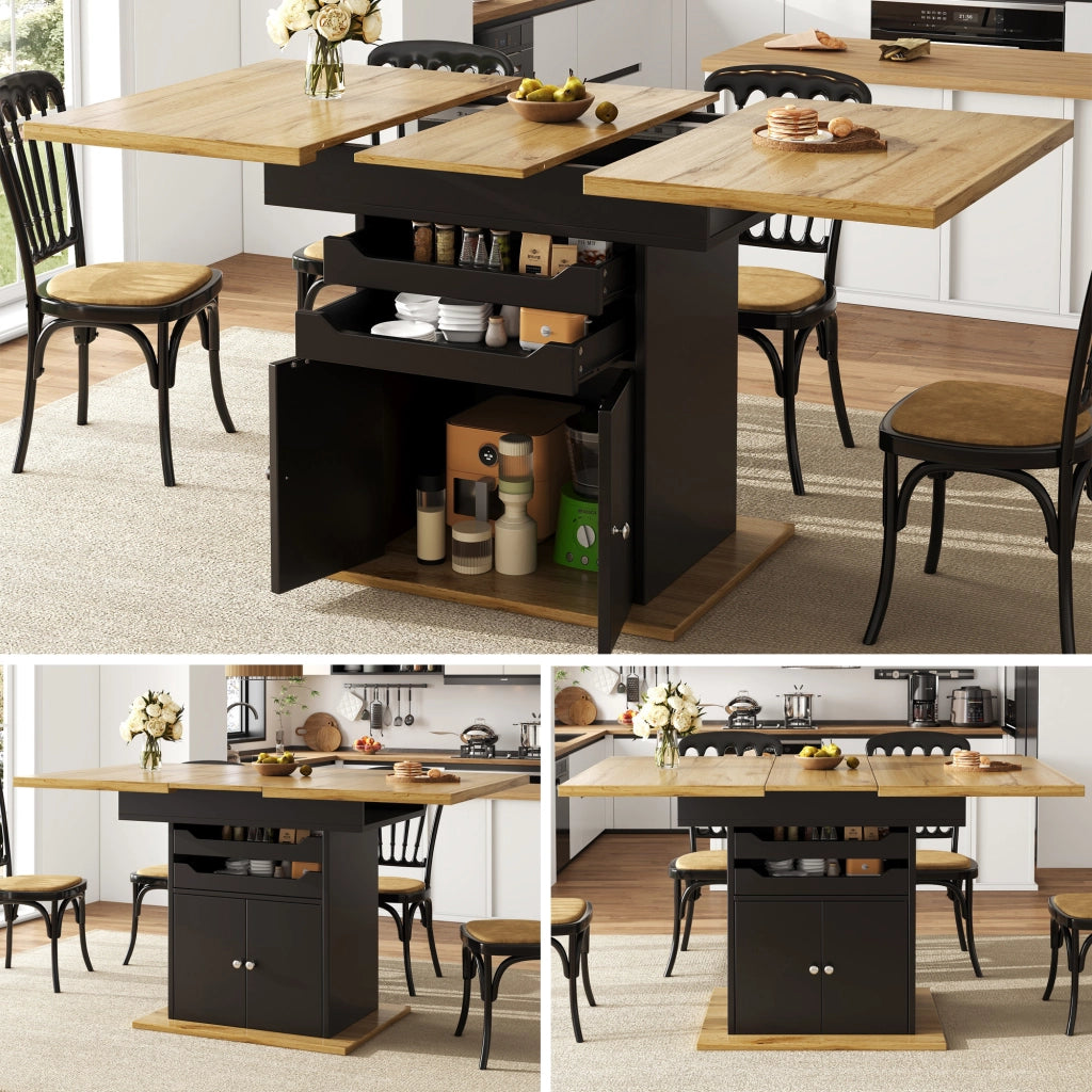 Tavolo allungabile con vani contenitore; ripiani estraibili e chiusura ammortizzata in MDF nero 110-140 × 80 × 76 cm