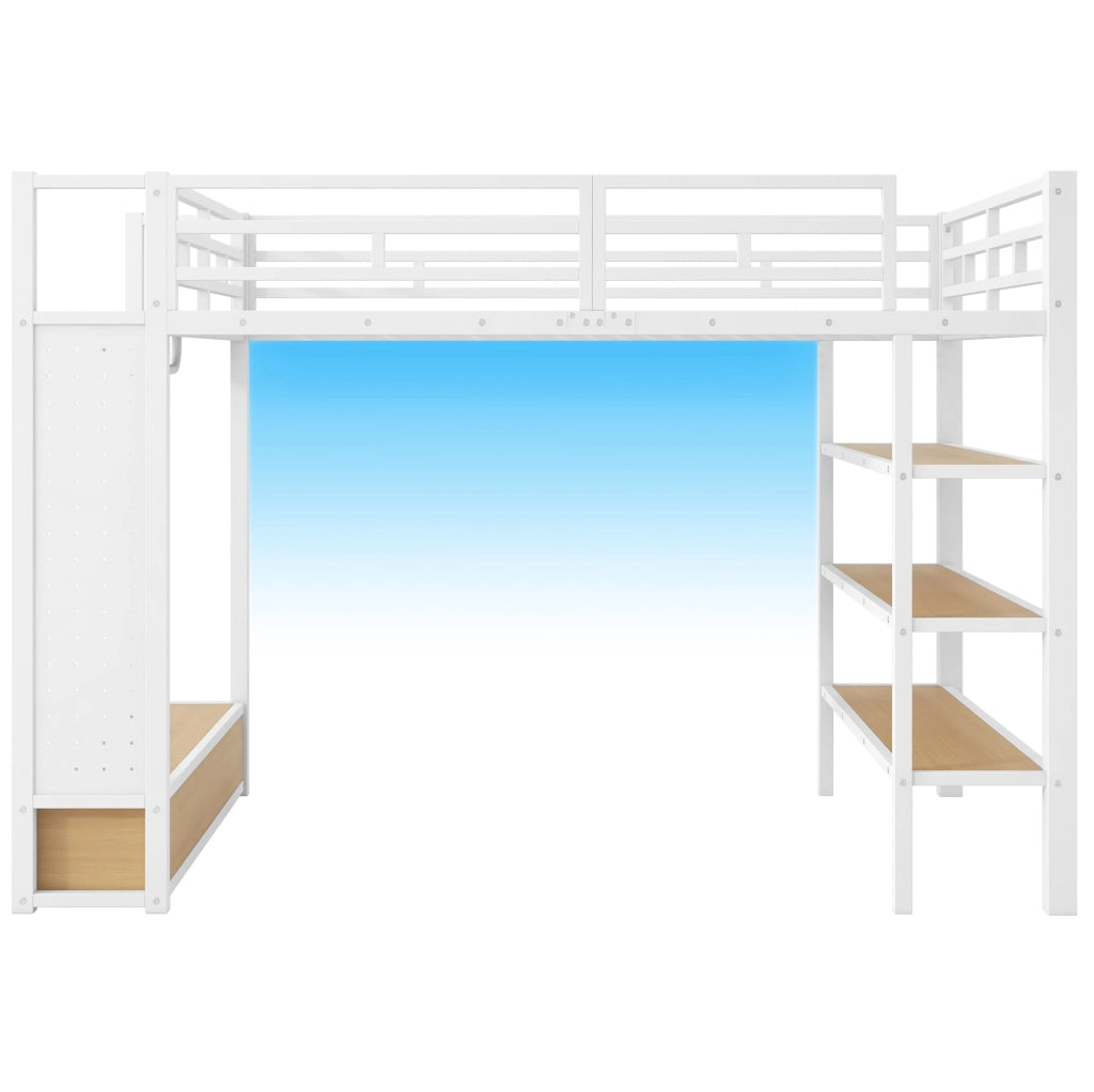 Letto a soppalco in metallo 140x200 cm con armadio aperto, scaffali, pannello forato e illuminazione LED bianco
