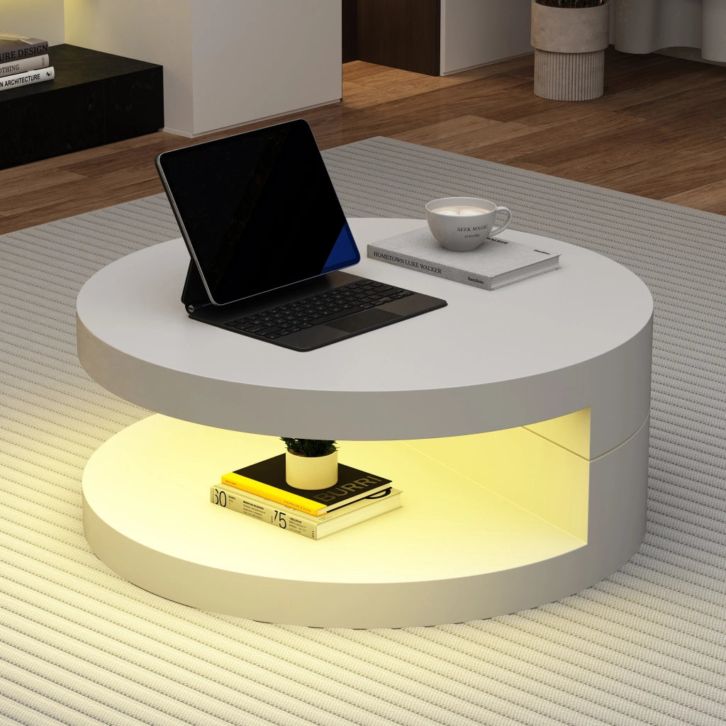 Tavolino da Salotto Rotondo 70 cm Girevole a 360 Gradi con LED MDF Bianco