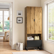 Armadio da ingresso con cassetto, vano aperto, 3 ripiani, 2 regolabili e appendiabiti, nero e rovere, 65 × 38 × 180 cm