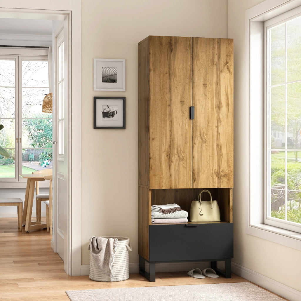 Armadio da ingresso con cassetto, vano aperto, 3 ripiani, 2 regolabili e appendiabiti, nero e rovere, 65 × 38 × 180 cm