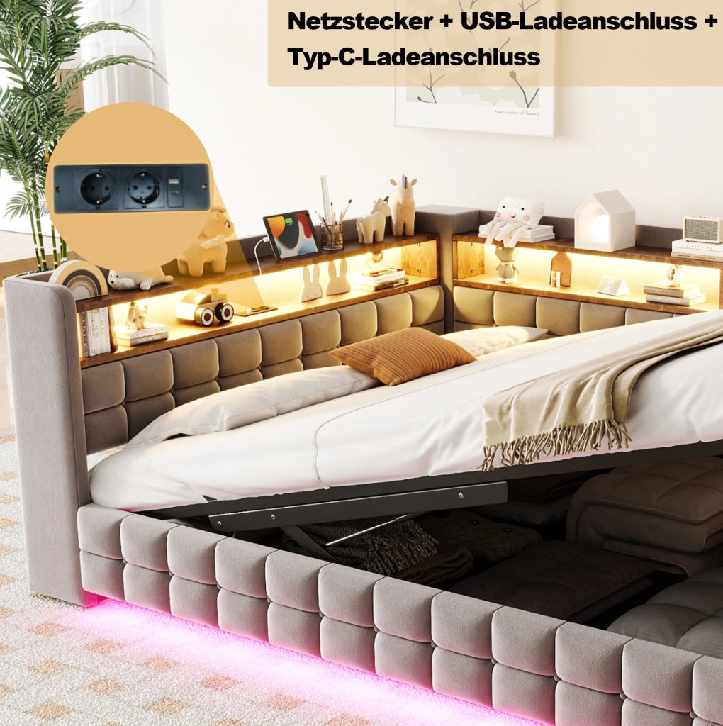 Divano letto imbottito ULEVR 140x200 cm con vano idraulico, LED, presa USB e Type-C, velluto grigio chiaro