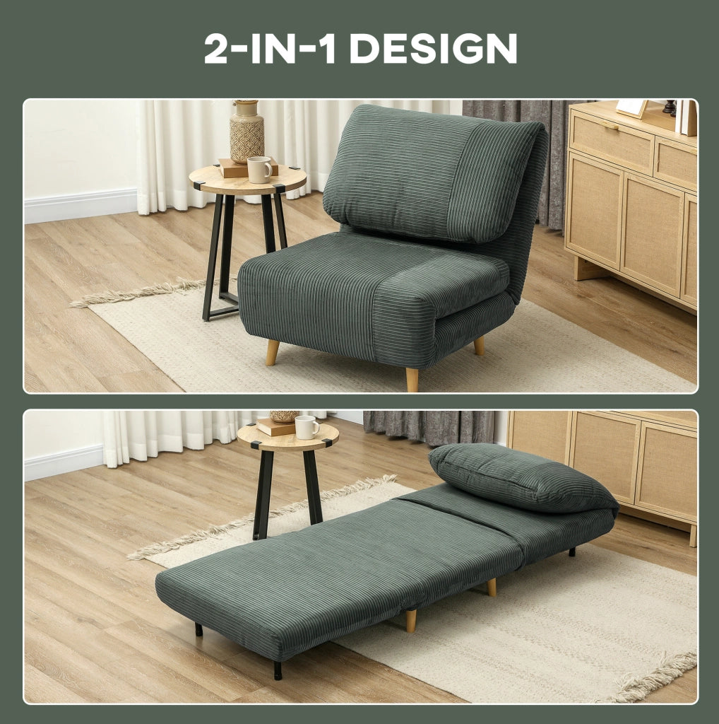 Poltrona Letto 2-in-1 con Schienale Regolabile e Rivestimento in Velluto Verde 82x89x83 cm