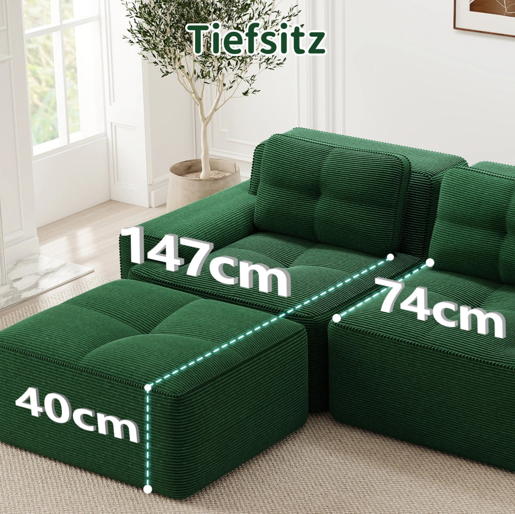 Divano modulare 4 posti senza braccioli in velluto a coste verde con chaise longue a U