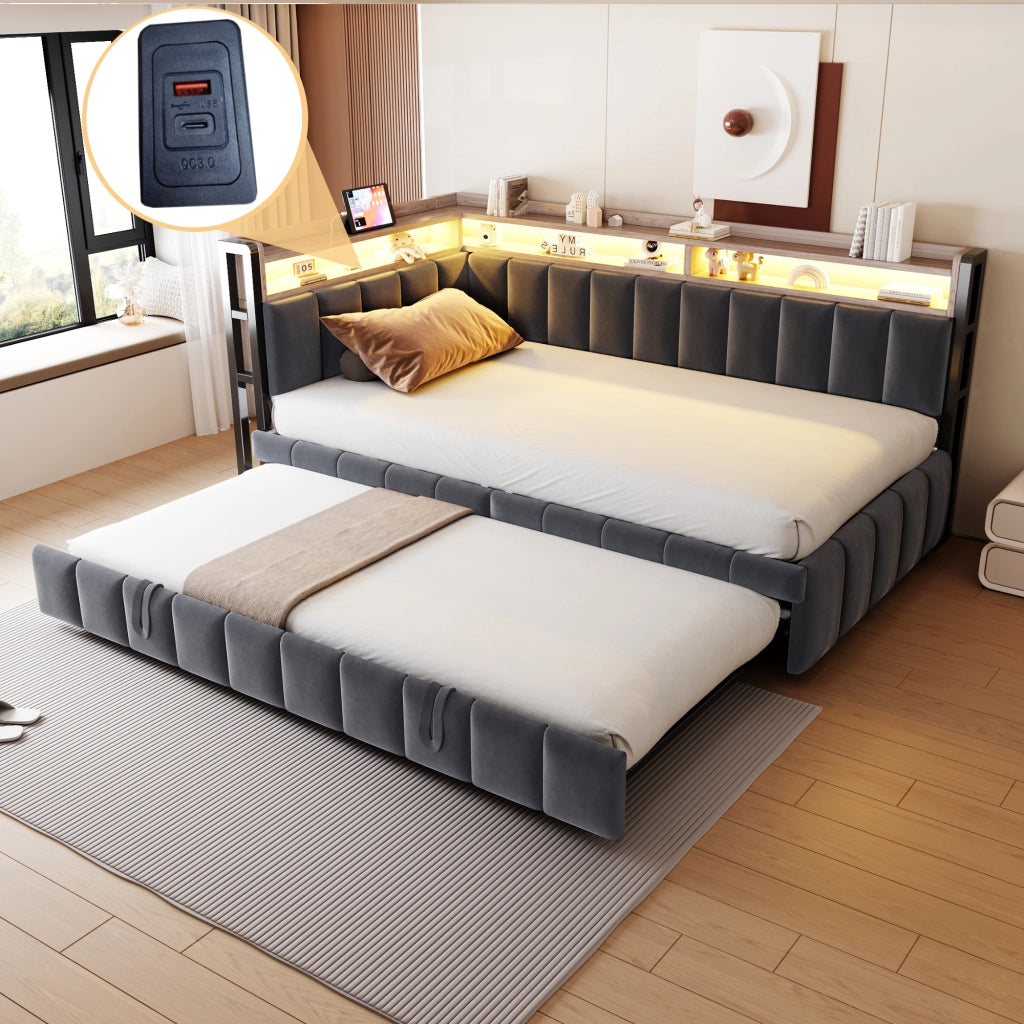 Letto Estraibile 90x200 cm con LED; USB e Type-C; Mensole e Velluto Grigio