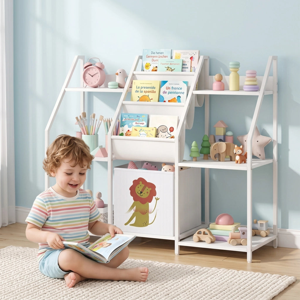 Libreria Montessoriana per Bambini 3-8 Anni con 3 Ripiani in Tessuto, Scomparti in Legno e Cassetto, Bianco