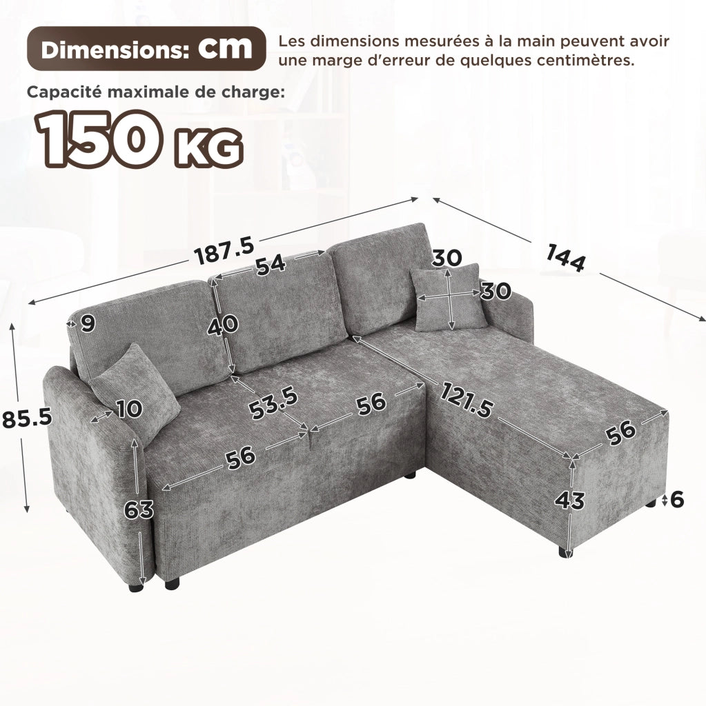 Divano angolare ULEVR 3 posti 187,5x144x85,5 cm con chaise longue, chenille grigio e 2 cuscini