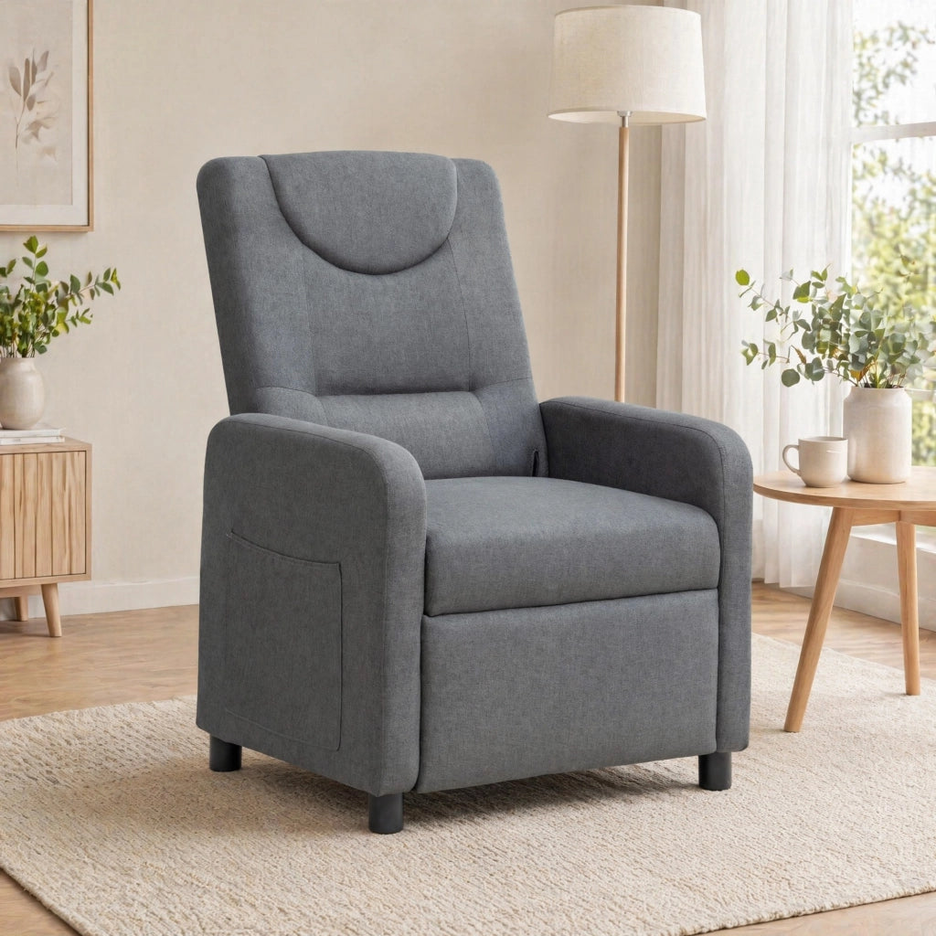 Poltrona reclinabile in lino grigio scuro con schienale multiangolo e poggiapiedi pieghevole 96 × 57 × 63 cm