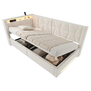 Letto singolo 90x200 cm in velluto beige con contenitore idraulico; LED; USB e Type-C