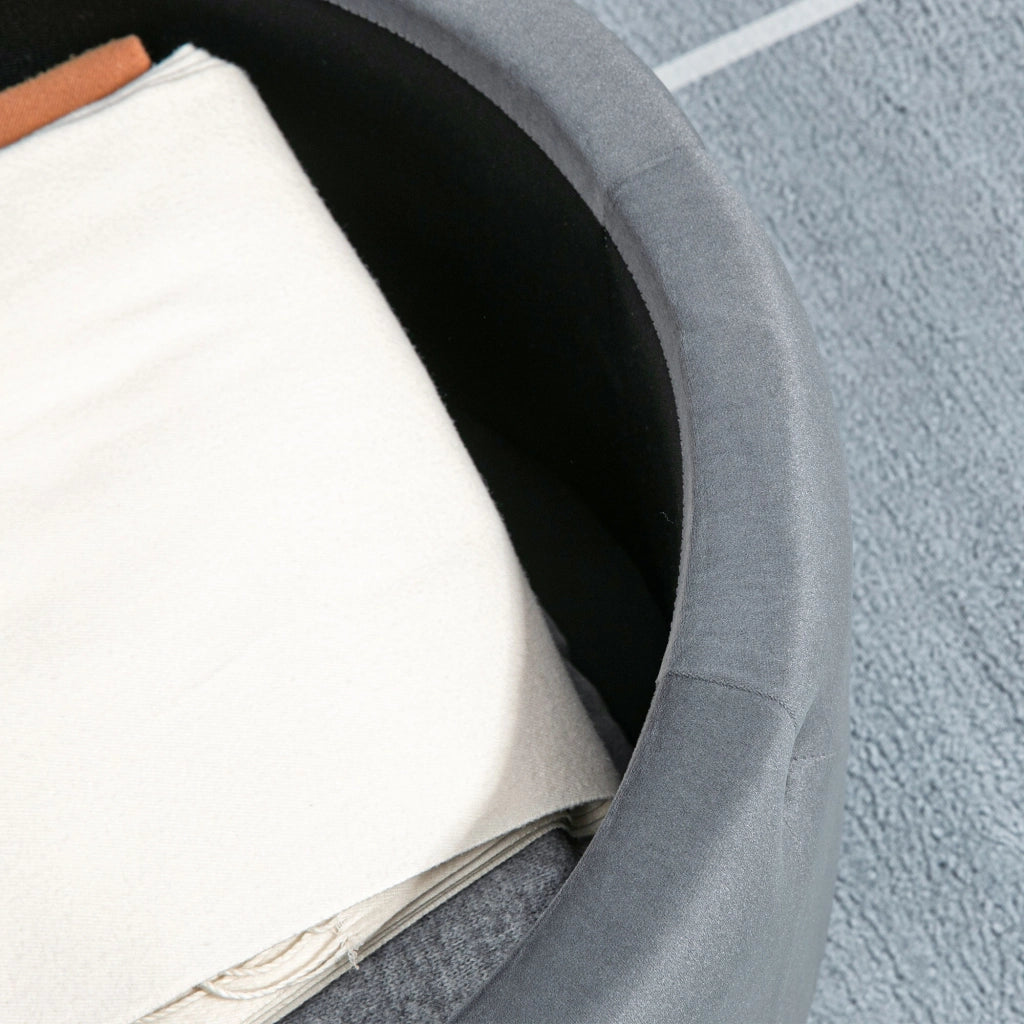 Poggiapiedi contenitore rotondo imbottito con coperchio, effetto velluto in poliestere grigio Ø60×40 cm