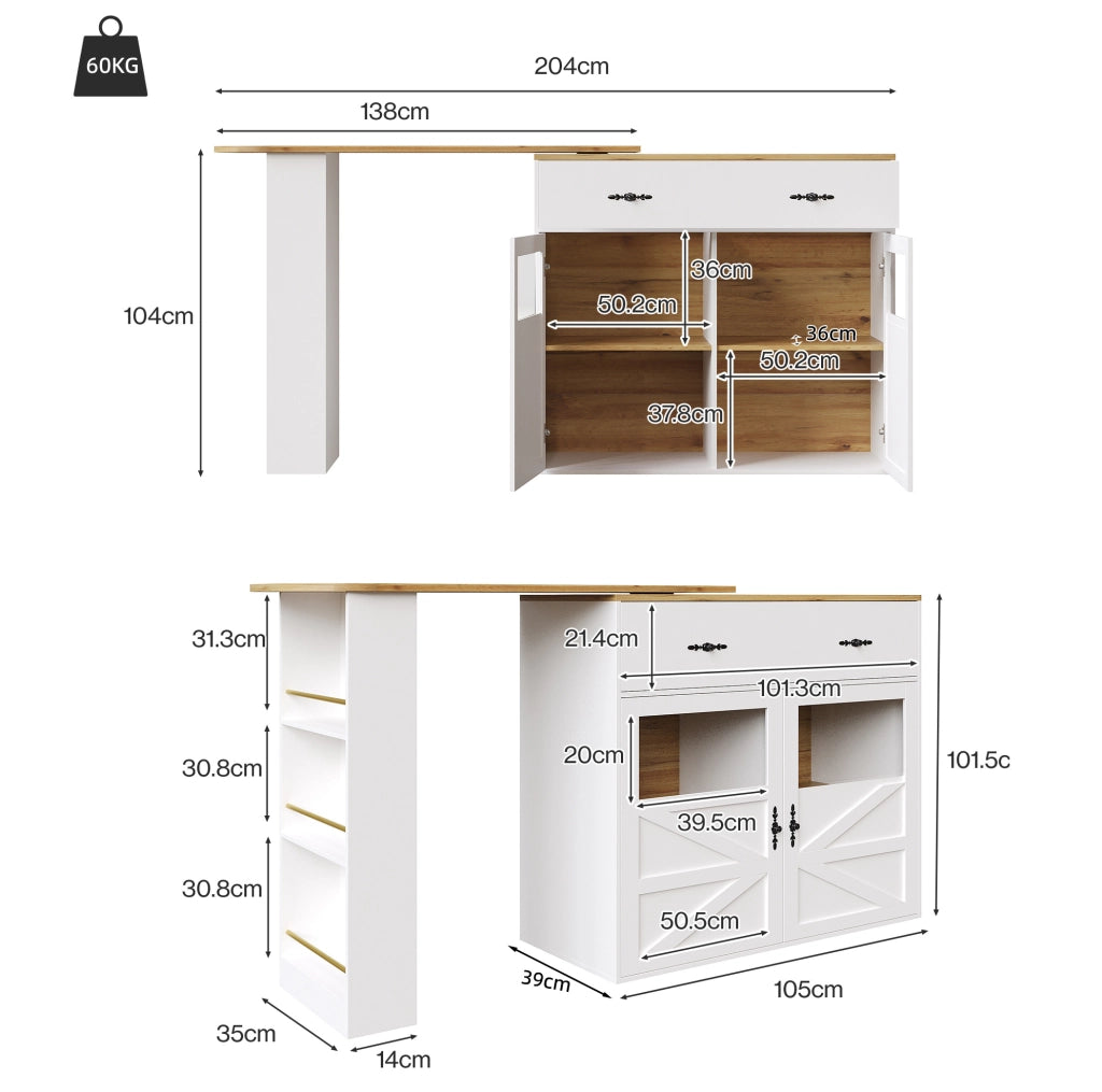 Tavolo Bar Estensibile con Ruota a 360°, MDF Bianco, 138-204×39×104 cm, Mobile Sideboard con Scaffali