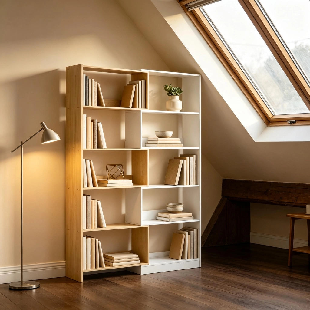 Libreria 111.5x23.8x163.7 cm trasformabile in truciolare naturale e bianco