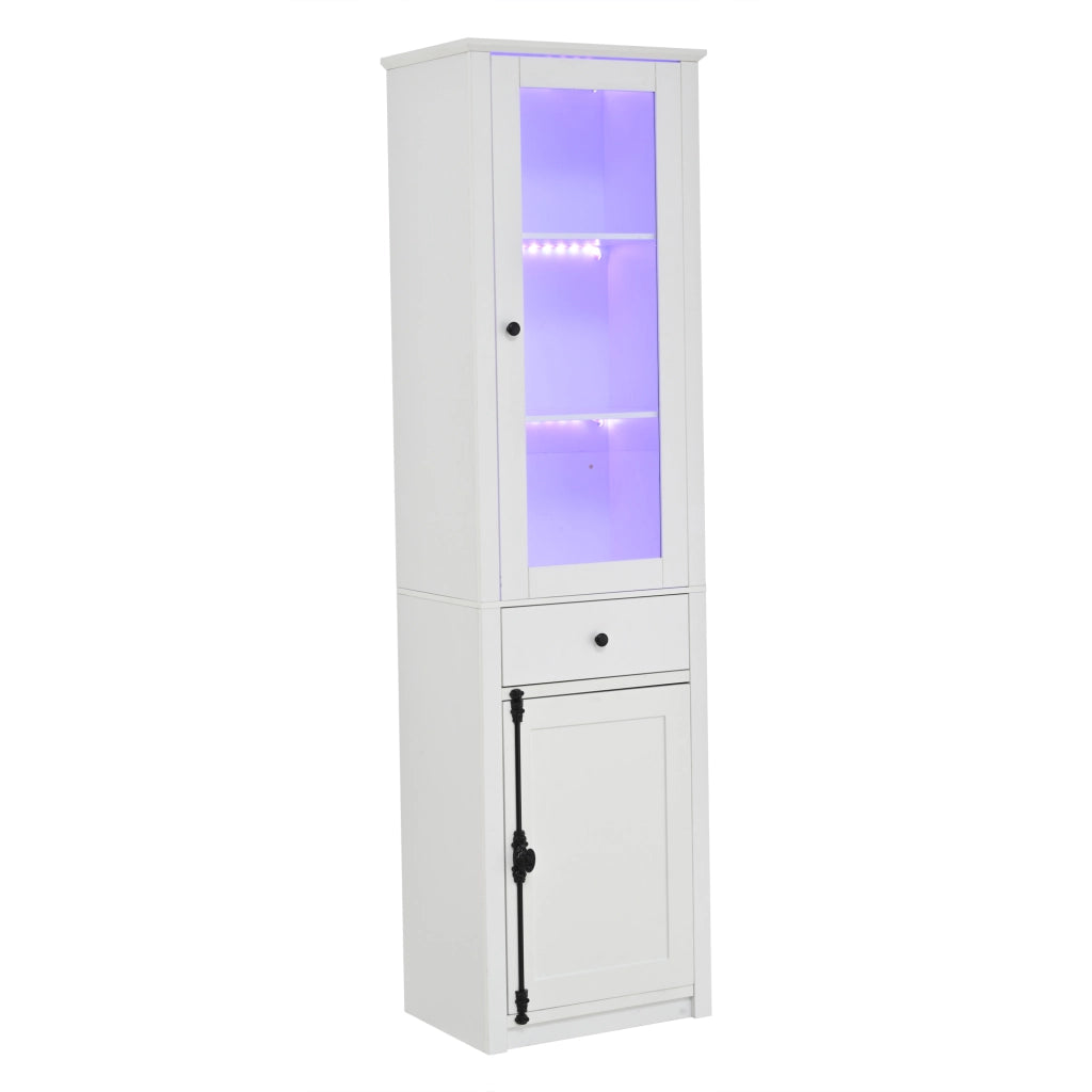 Vetrina in Vetro Bianca Mobile a Colonna 200 cm con Luci LED Cassetto e 2 Ante 55x40 cm