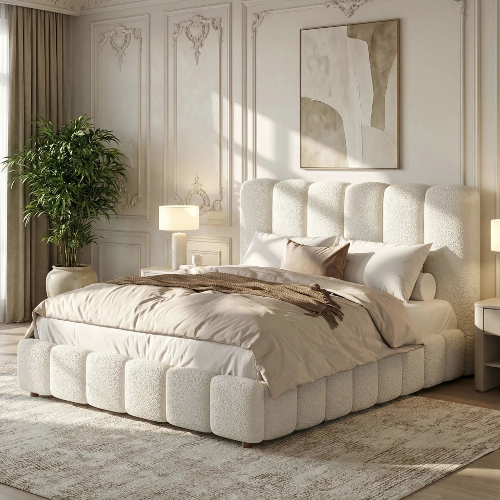 Letto matrimoniale contenitore 140x200 cm in bouclé bianco con rete a doghe HOMVRA