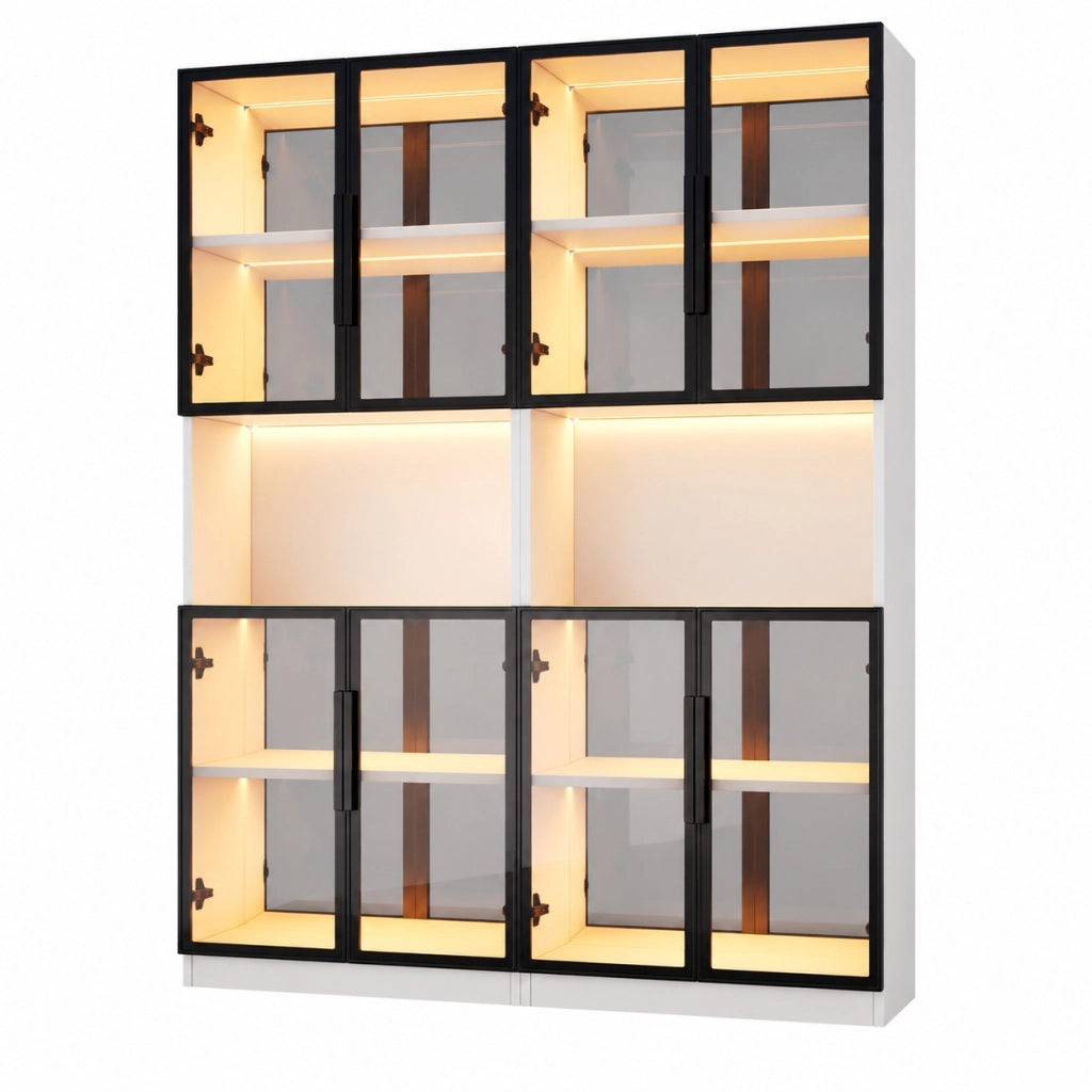 Vetrina a due elementi 140 x 30 x 170 cm con illuminazione LED e ante in vetro grigio; MDF e vetro; bianca