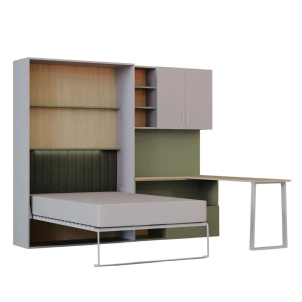 Cameretta Completa Salvaspazio Con Scrivania Armadio Cassettiera Letto A Scomparsa Per Camera Bambini Ragazzi Stanza Ospiti 133 X 208.5 X 45-216 Cm Cashmere E Verde