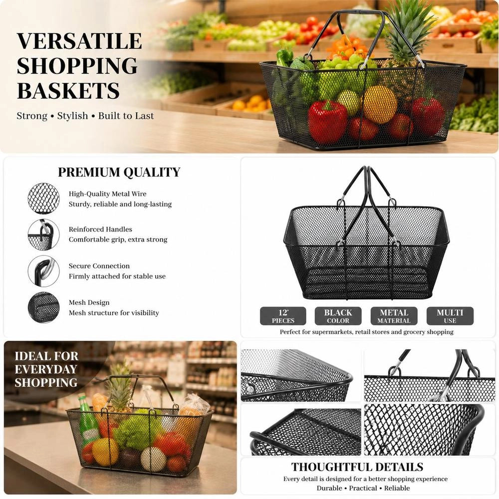 Shopping Baskets With Handles, 12 Pieces, Black Metal Shopping Basket, Portable Wire Shopping Basket, Black Wire Mesh Shopping Basket Set For Supermarkets, Retail Stores, Grocery Shopping, Black