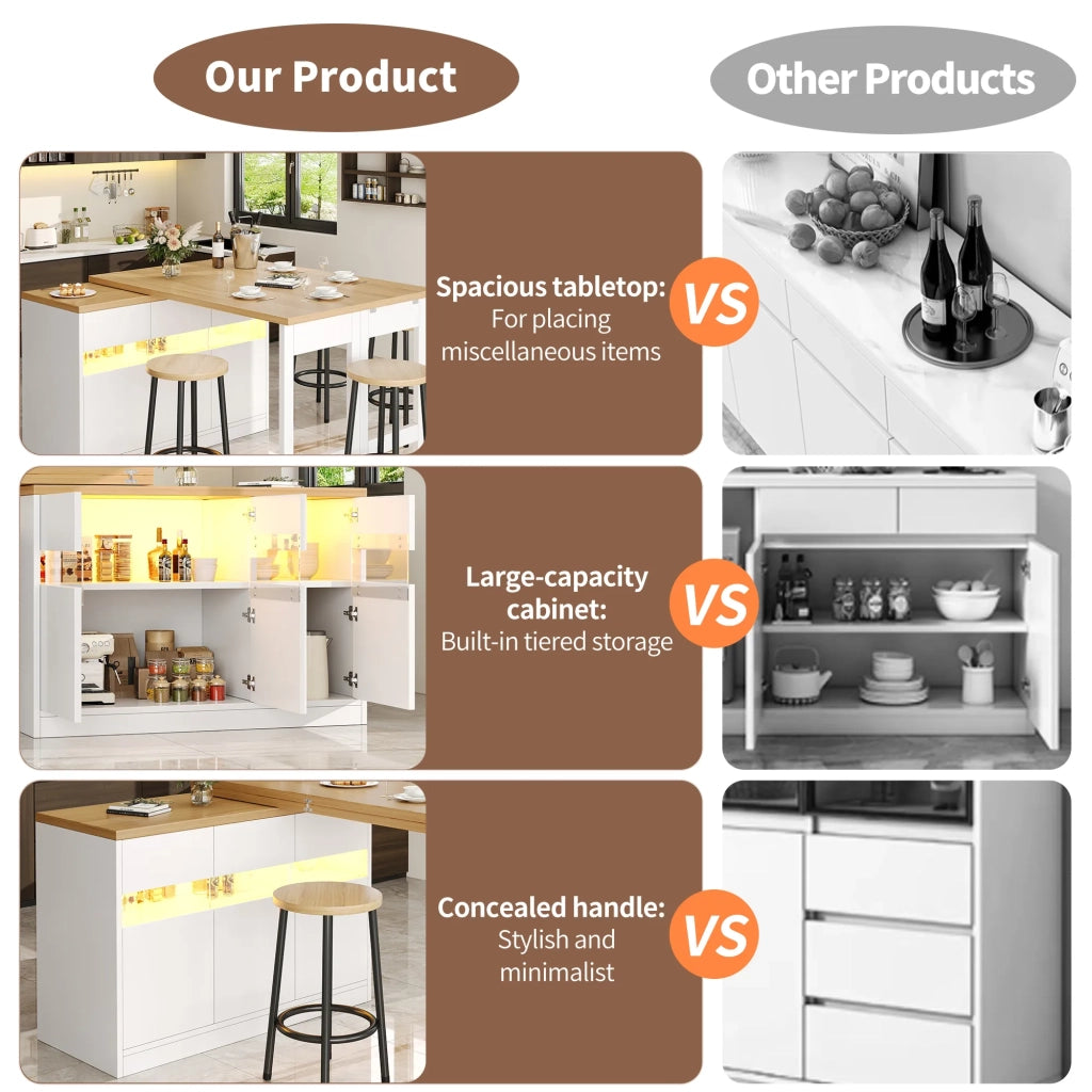 Tavolo bar allungabile 120-180 cm con illuminazione LED e rotazione 360°, moderno tavolo isola cucina bianco con spazio contenitore per soggiorno, sala da pranzo, ufficio