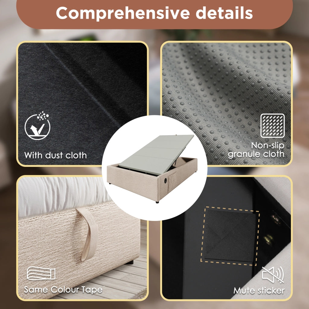 Letto contenitore singolo 90×200 cm con USB; Type-C e tasca laterale; senza materasso; in lino; naturale