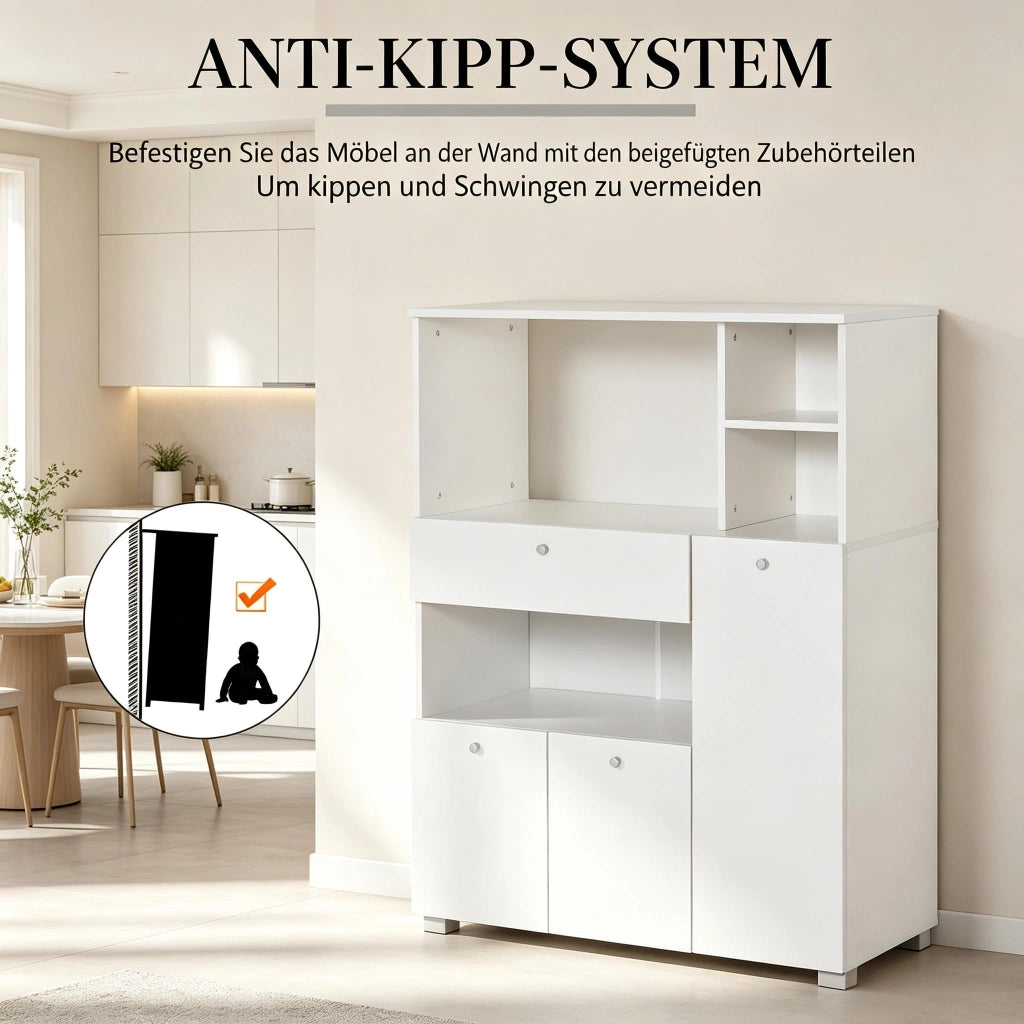 Cassone da cucina con vano per microonde; 3 ante; cassetto e 4 nicchie in truciolare bianco 90 × 40 × 120 cm