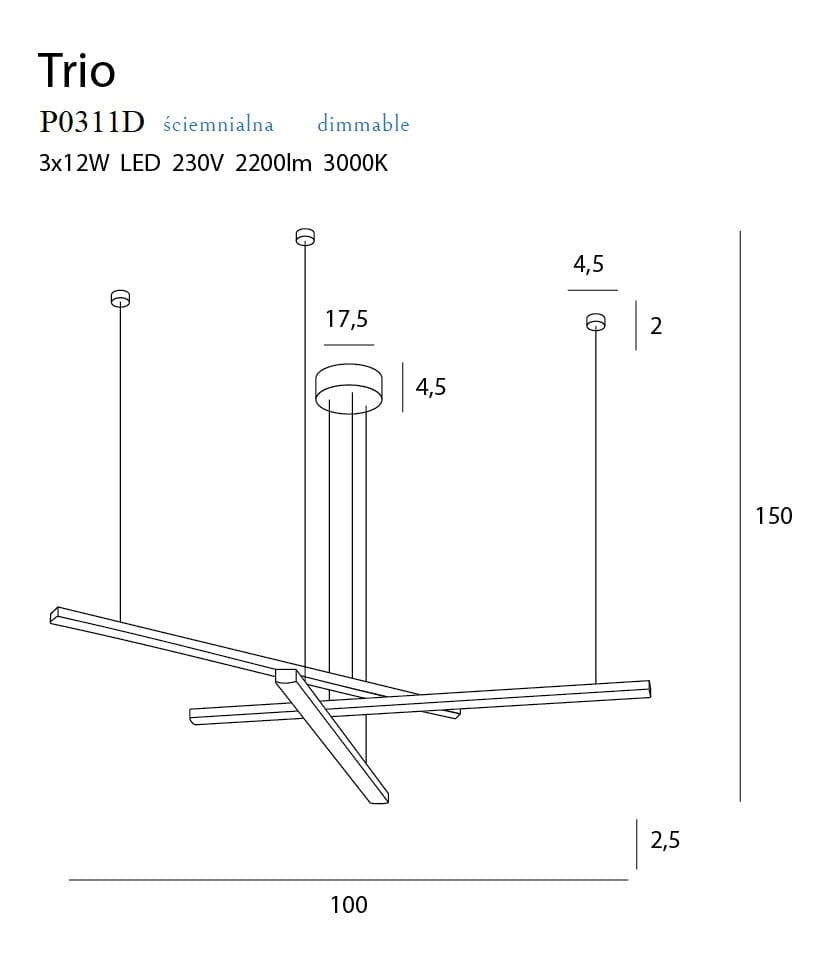 Lampada a sospensione Trio Maxlight LED 36W nera dimmer