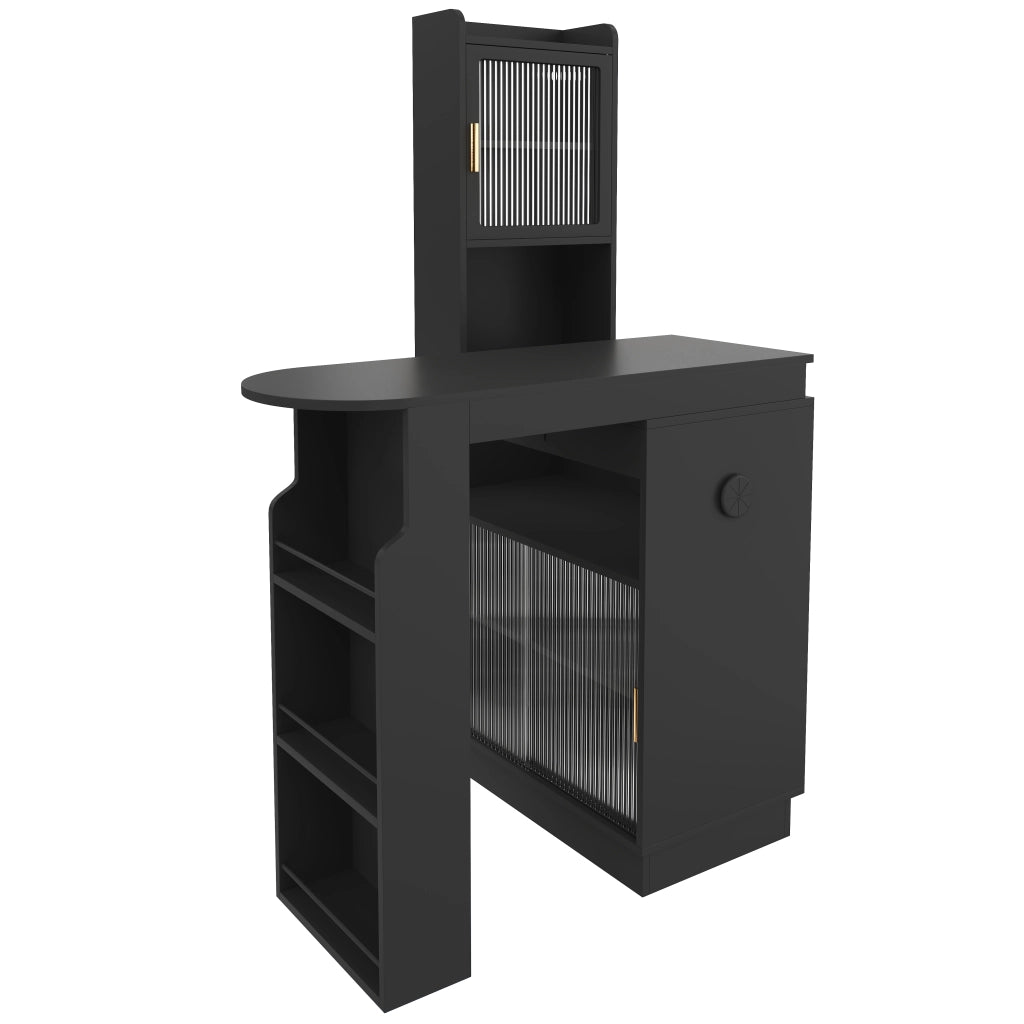 Tavolo alto allungabile con contenitori LED; prese; USB e USB-C in MDF nero 131–170 × 40 × 170 cm