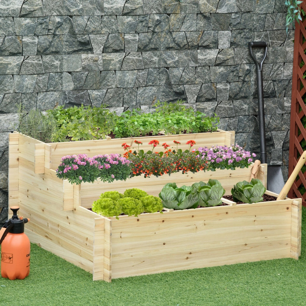 Fioriera rialzata a 3 livelli in legno naturale verniciato per orto e giardino con telo interno 117 x 100 x 54 cm