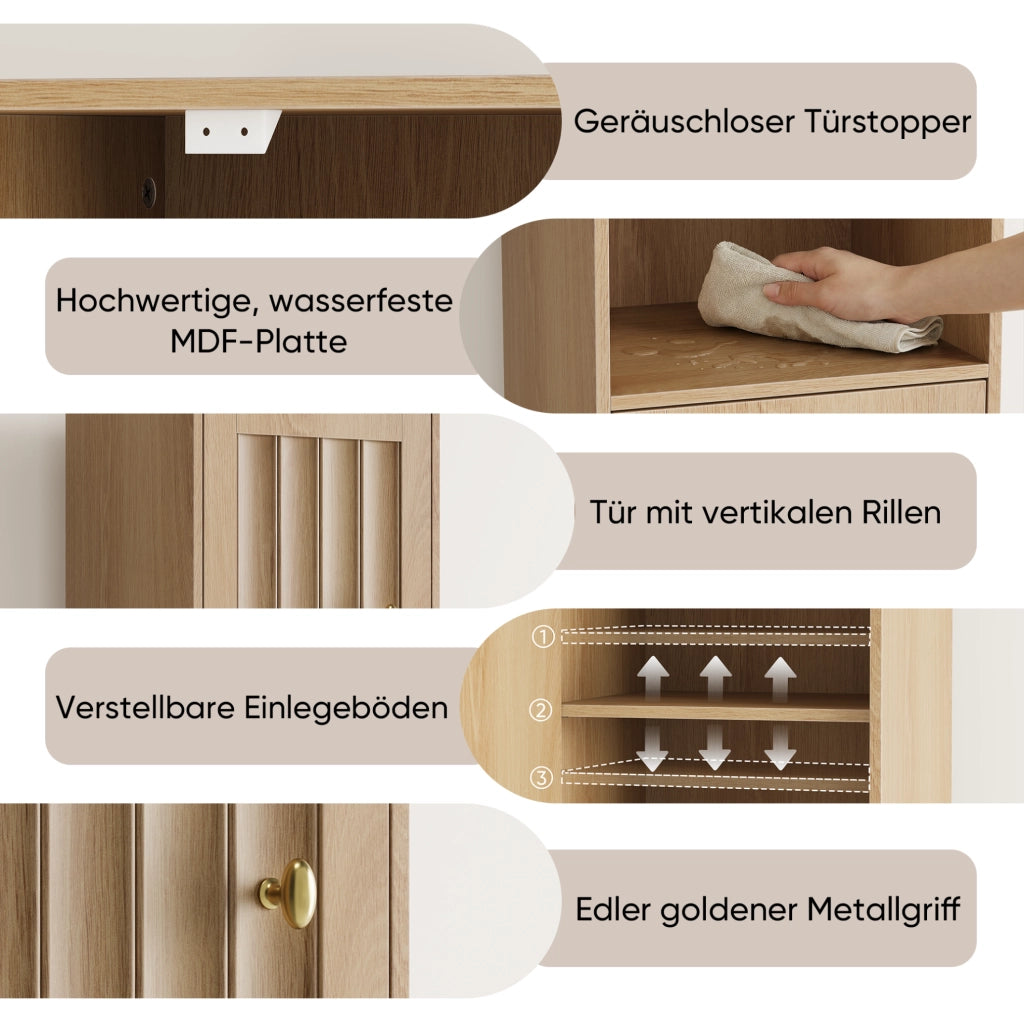 Mobile da Bagno Stile Mid-Century, Armadietto Alto in MDF con Ante e Ripiani Aperti, Legno di Pino, 32x30x169 cm, Finitura Quercia