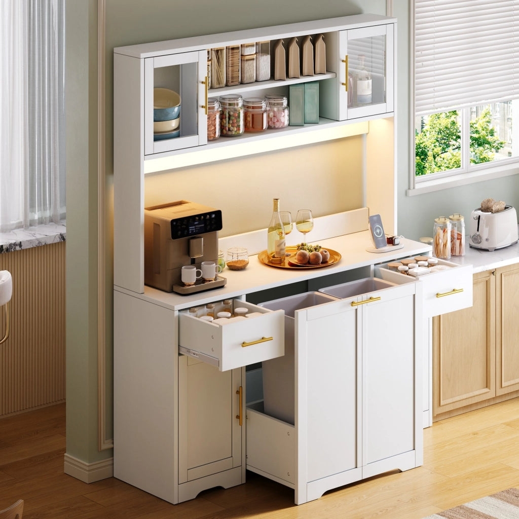 Credenza cucina multifunzionale 140x40x173 cm in MDF bianco con LED RGB e prese