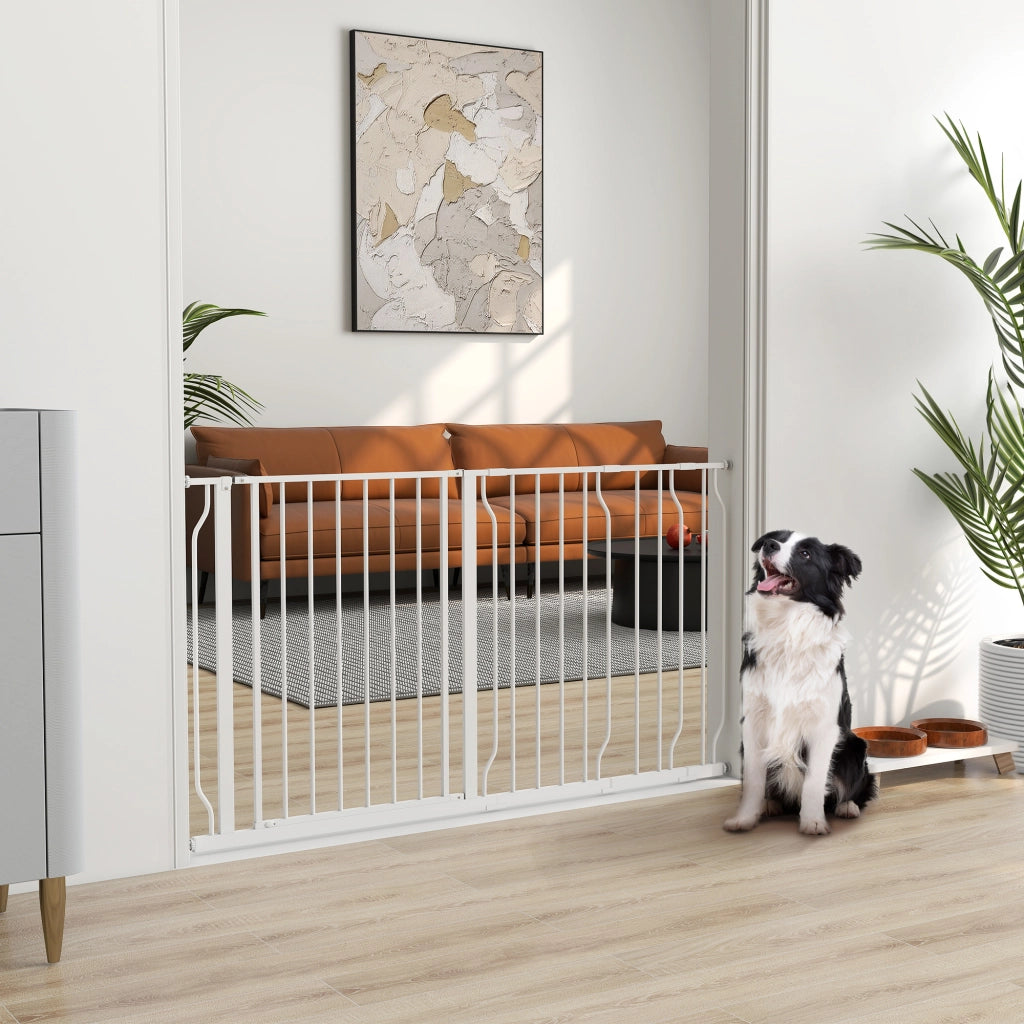 Cancelletto di Sicurezza per Cani Regolabile 75-145 cm in Acciaio e ABS Bianco, Barriera per Porte e Scale Facile da Montare