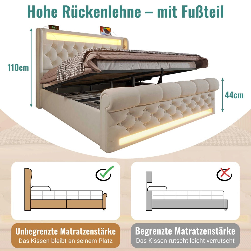 Letto contenitore beige 140x190 cm in velluto, LED su testiera e pediera, porte USB e USB-C, senza materasso