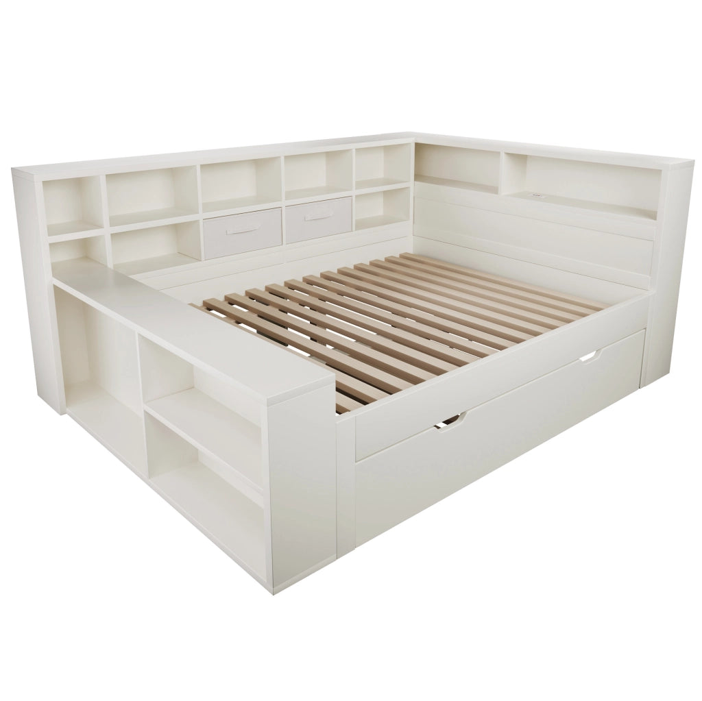 Letto 140x190 con letto estraibile, vani contenitore e prese USB/Type-C, bianco