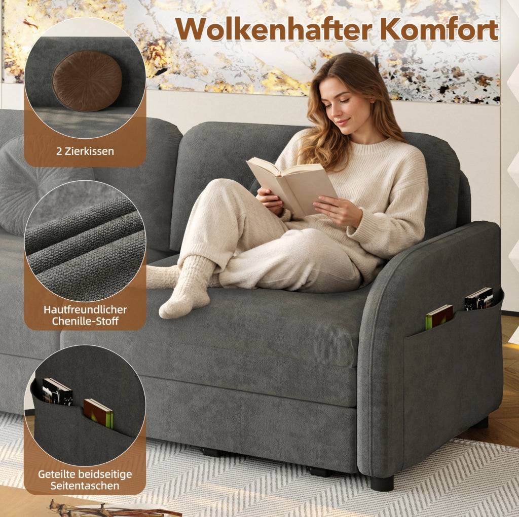 Divano letto estraibile 3-in-1 queen size 166 cm in chenille grigio con cuscini e tasche contenitive laterali