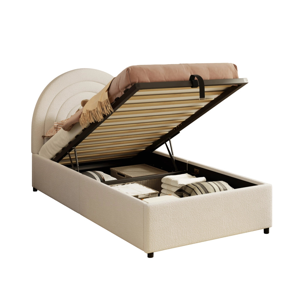 Letto singolo imbottito con contenitore idraulico 90x200 cm in tessuto bouclé beige