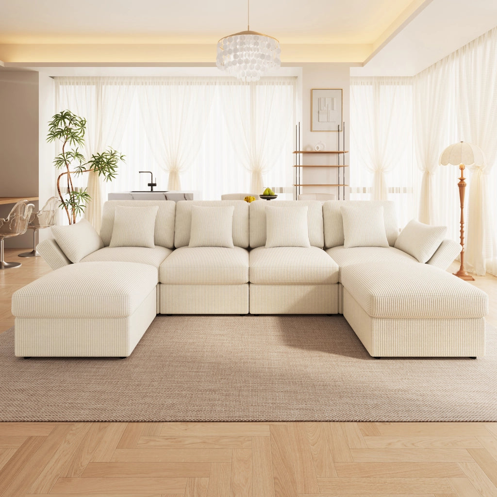 Divano modulare 4–6 posti con braccioli regolabili e 2 pouf mobili in velluto a coste beige 290 × 159,5 × 89 cm