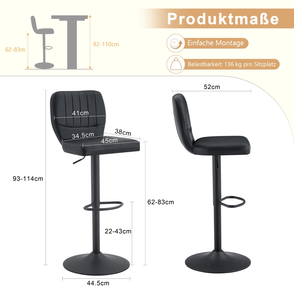 Sgabello da bar ULEVR regolabile 62-83 cm, girevole 360¡ã con schienale e poggiapiedi, nero