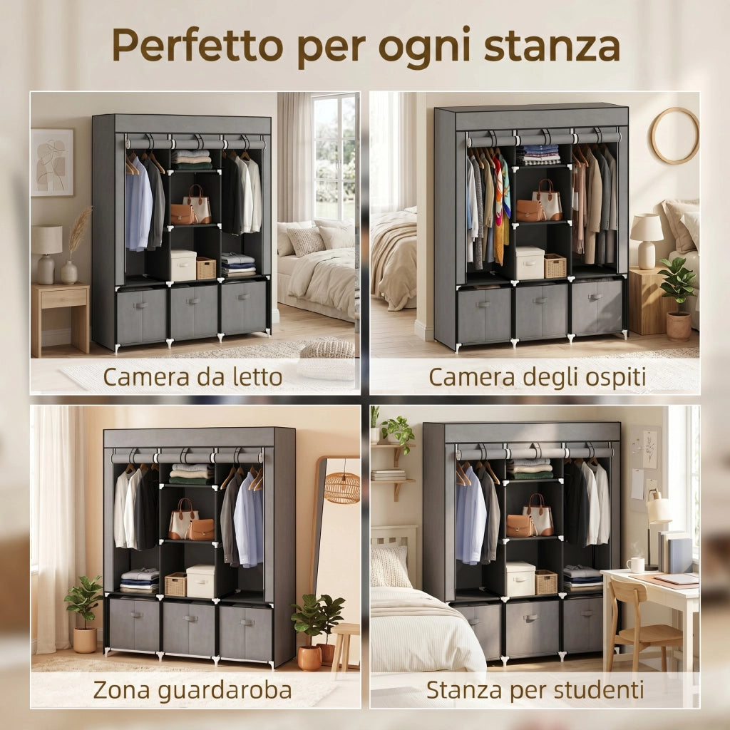 Armadio in Tessuto Pieghevole Grigio Scuro Guardaroba Salvaspazio con Cassetti e Zip 125x43x162.5cm