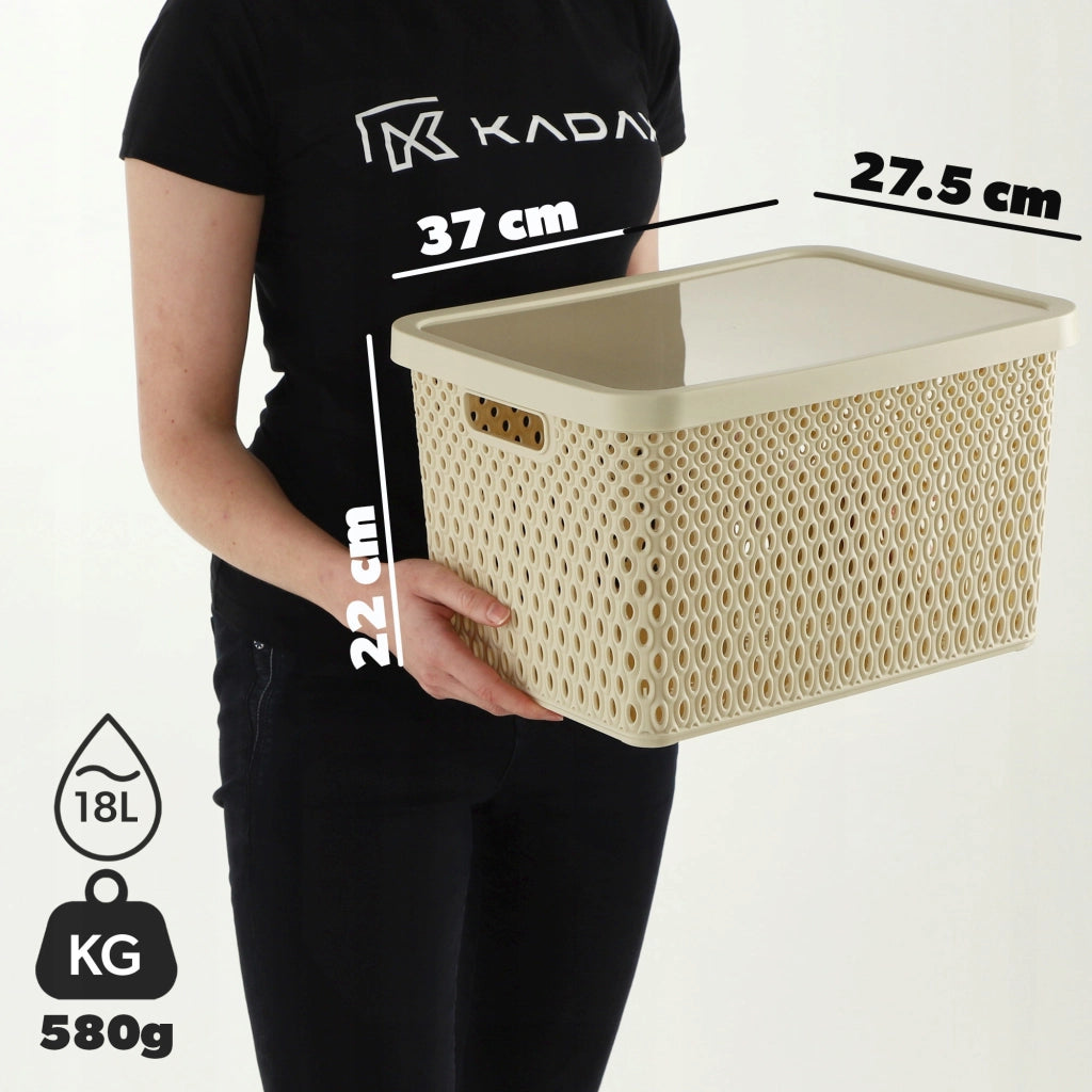 Set di 3 cestini in plastica beige KADAX con coperchio.