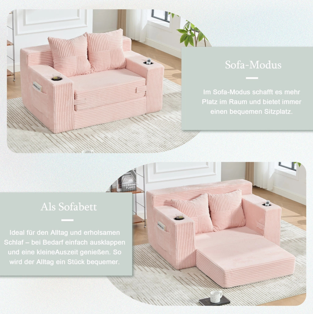 DIVANO Pouf 151x133x64 cm in Velluto a Coste Rosa con 2 Cuscini