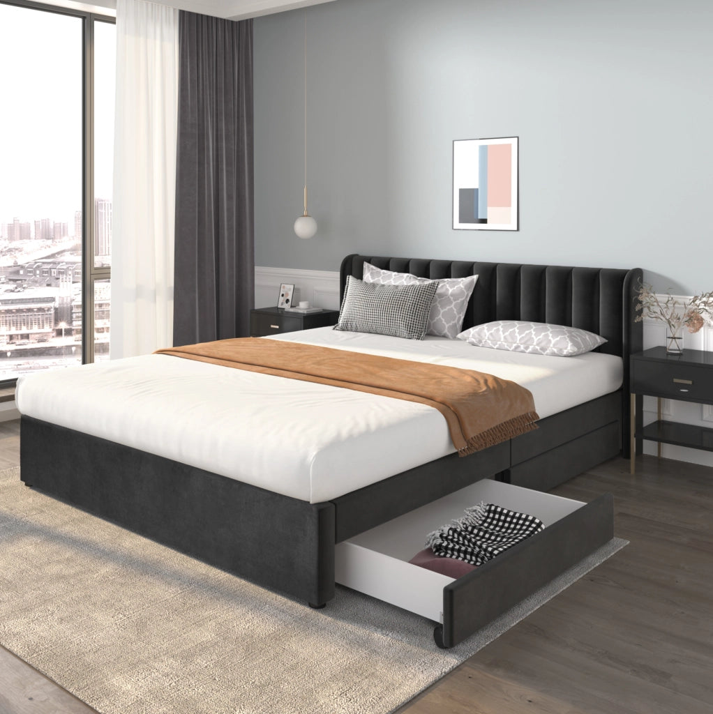 Letto imbottito 180x200 cm in velluto nero con rete a doghe, testiera e 2 cassetti