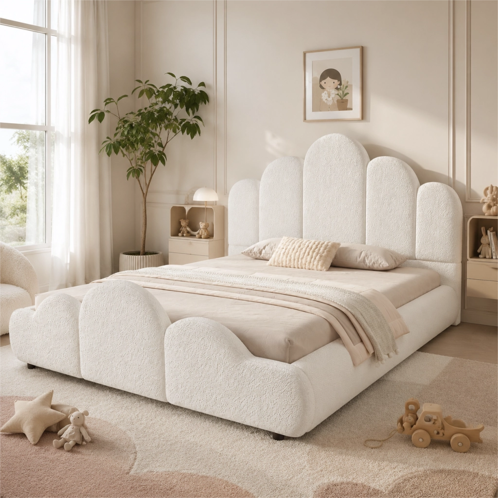 Letto imbottito per bambini in boucl¨¦ 140 x 200 cm, letto matrimoniale con testiera trapuntata, angoli arrotondati e rete a doghe, beige