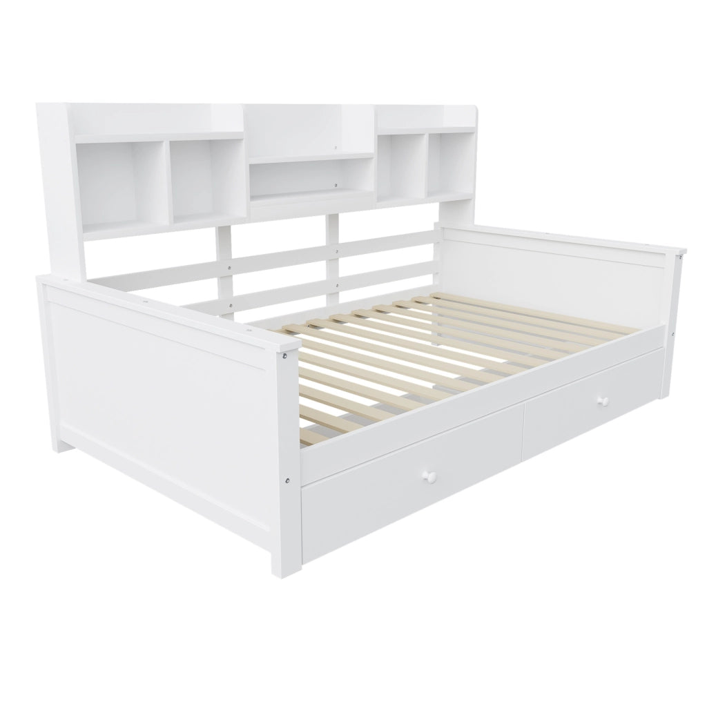 Letto singolo multifunzione 90x200 cm in legno massello bianco con cassetti e scaffali integrati