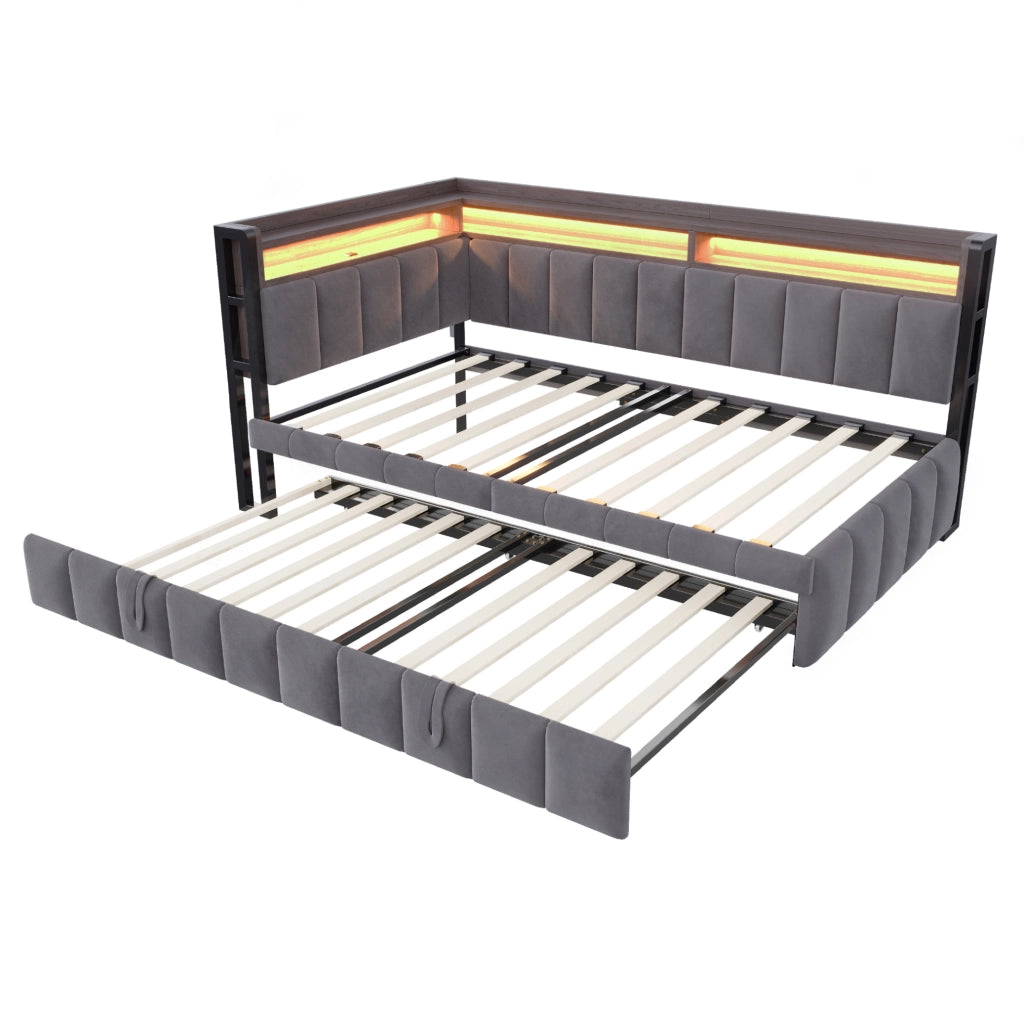 Divano letto estraibile 90x200 cm con LED, USB e USB-C in velluto grigio scuro