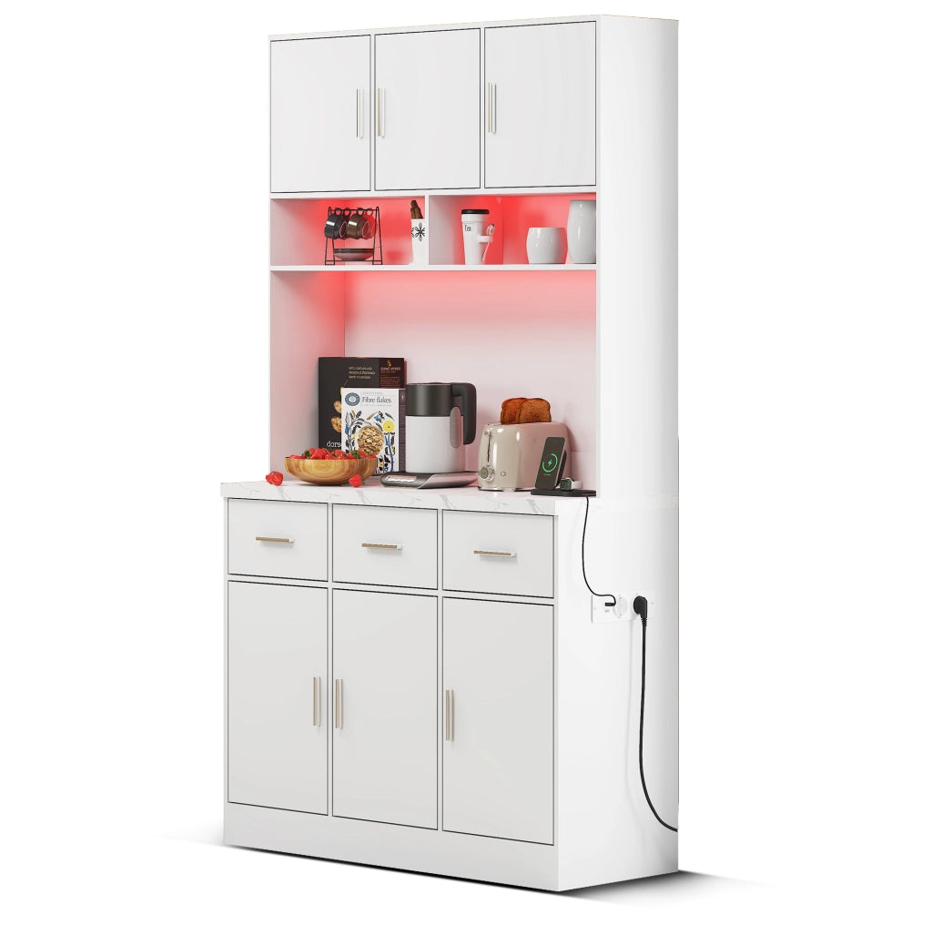 Buffet multifunzione bianco 100x40x180 cm con luci LED controllate tramite app, cassetti, ripiani regolabili e prese integrate